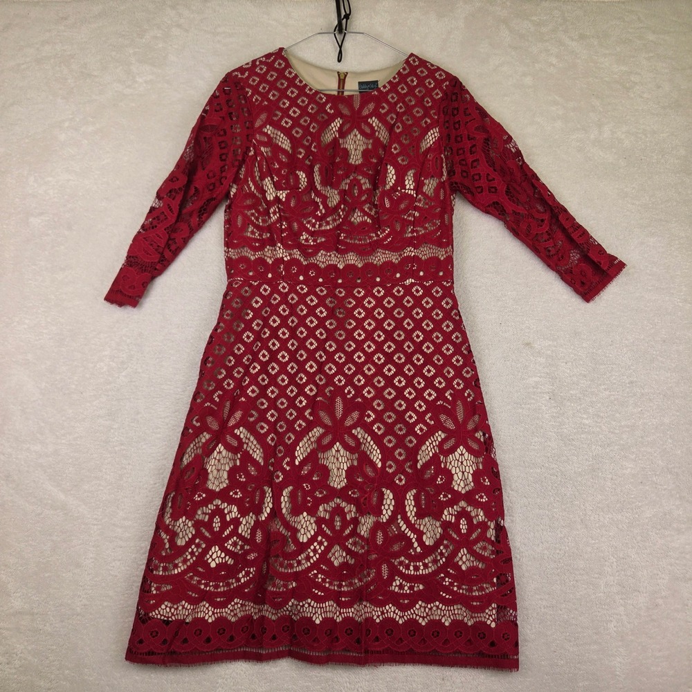 Gabby Skye Red Floral Lace 3/4 Sleeve Sheath Dress Size 8 Gold Zipper Back